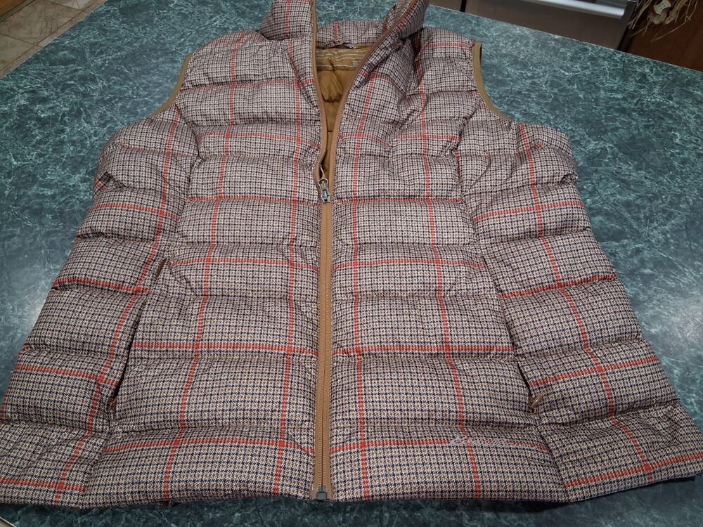 EDDIE BAUER EB650 Womens Size XL Gold Tan Brown Orange Plaid Down Puffer Vest
